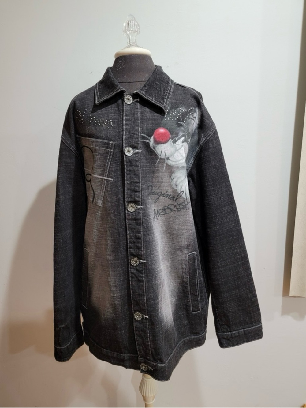 Vintage Lot 29 Looney Tunes Jean Jacket Mens Size XL Black Original Air Brushed